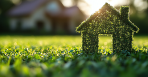 Huis van gras staat op een grasveld met de zon op de achtergrond