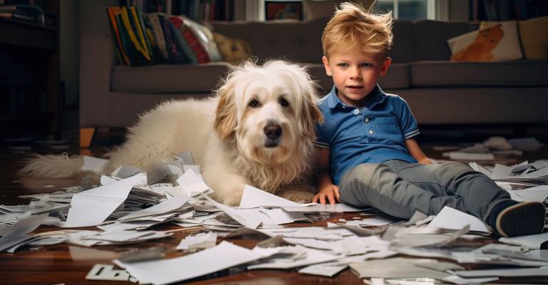 Een hond en een kind die papieren vernietigen en kattenkwaad uithalen midden in een kamer