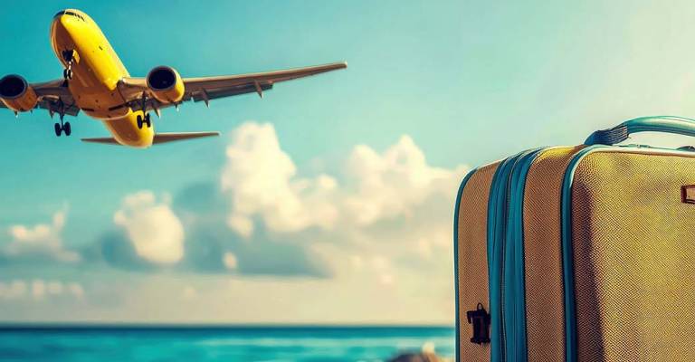 Geel vliegtuig vliegt boven een strand waar een koffer staat