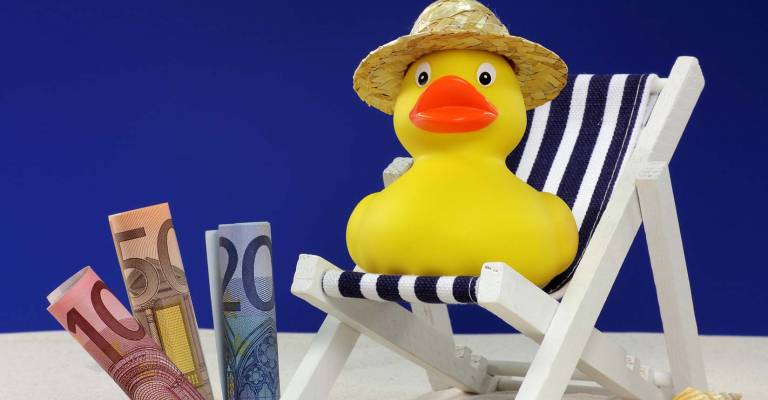 Badeendje met een strohoed in een strandstoel op het strand met eurobiljetten 