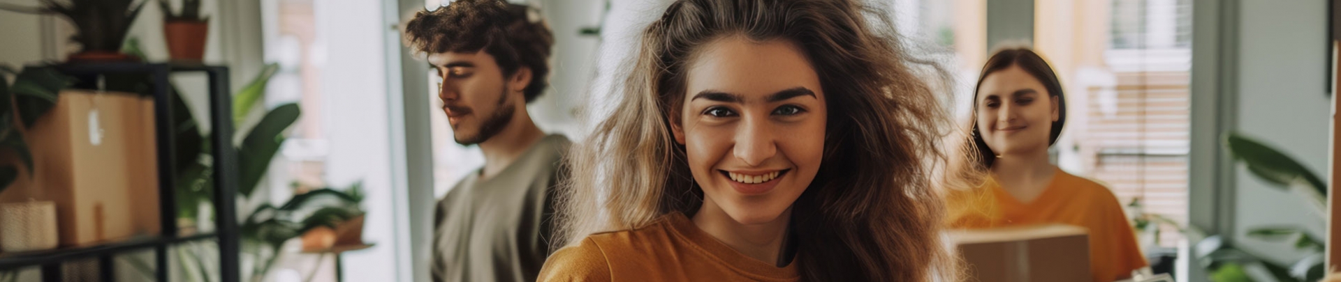 Jonge mensen die met verhuisdozen rondlopen en iemand helpen met verhuizen